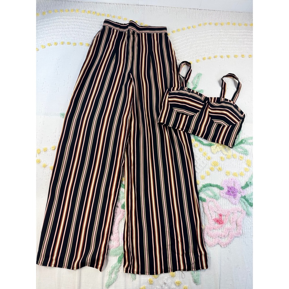 Live To Be Spoiled Striped Two Piece Set Crop Top Wide Leg Pants XS S KOLB017J